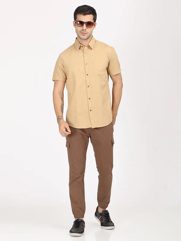 Indian Terrain Men's Comfort Fit Solid Brown Trousers